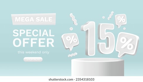 Mega sale special offer, 15 off sale banner. Sign board promotion. Vector illustration