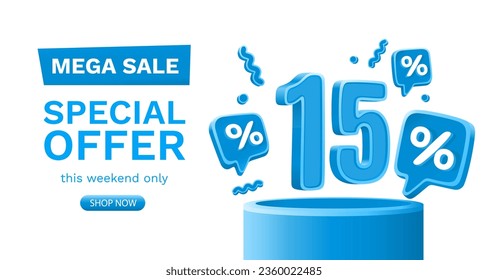 Mega sale special offer, 15 off sale banner. Sign board promotion. Vector illustration