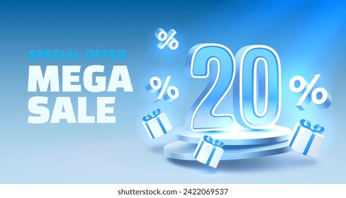 Mega sale special offer, 20 off sale banner. Sign board promotion. Vector illustration