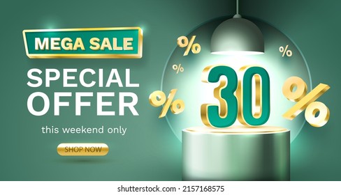 Mega sale special offer 30, Stage podium percent, Stage Podium Scene with for Award, Decor element background. Vector illustration