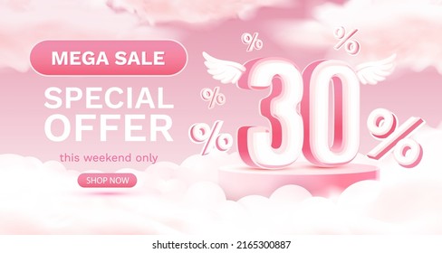 Mega sale special offer 30, Stage podium percent, discount sale. Vector illustration