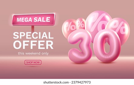 Mega sale, special offer, 30 off sale banner. Sign board promotion. Vector illustration