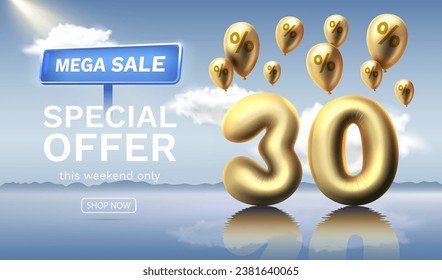 Mega sale special offer 30 Off. Discount number off of balloons against the celestial background. Sale banner and poster. Vector illustration.