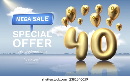 Mega sale special offer 40 Off. Discount number off of balloons against the celestial background. Sale banner and poster. Vector illustration.