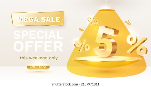 Mega sale special offer 5, Stage podium percent, Stage Podium Scene with for Award, Decor element background. Vector illustration