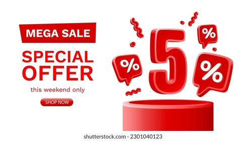 Mega sale special offer, 5 off sale banner. Sign board promotion. Vector illustration