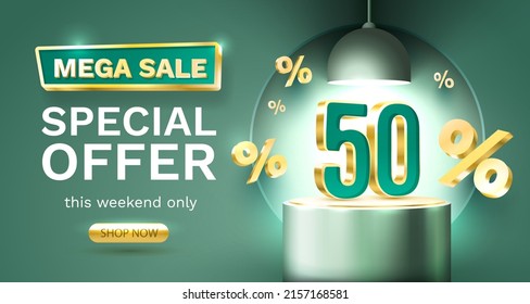 Mega sale special offer 50, Stage podium percent, Stage Podium Scene with for Award, Decor element background. Vector illustration