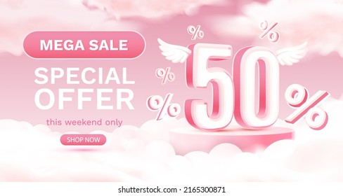 Mega sale special offer 50, Stage podium percent, discount sale. Vector illustration