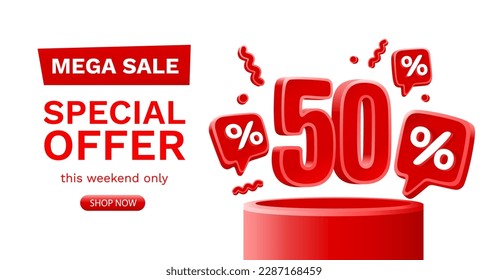 Mega sale special offer, 50 off sale banner. Sign board promotion. Vector illustration