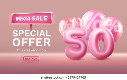 Mega sale, special offer, 50 off sale banner. Sign board promotion. Vector illustration