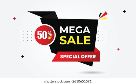 Mega Sale Special Offer 50% Off Banner Template Design Editable Vector Illustration Art Black Red Gradient Shapes White Gray Background Modern Promo Layout Creative Advertisement Marketing Graphic