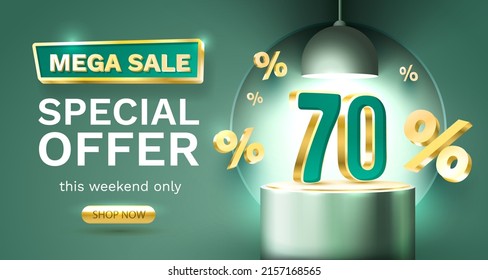 Mega sale special offer 70, Stage podium percent, Stage Podium Scene with for Award, Decor element background. Vector illustration