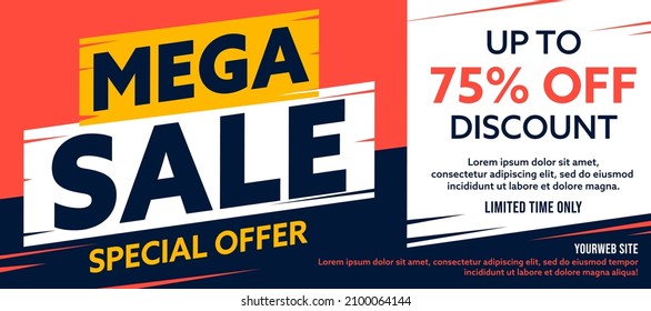 Mega sale special offer up to 75 percent off discount promo. Horizontal sale banner with wholesale announcement message. Limited in time marketing campaign advert vector illustration