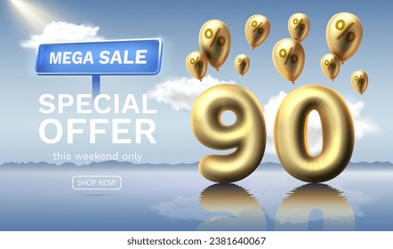 Mega sale special offer 90 Off. Discount number off of balloons against the celestial background. Sale banner and poster. Vector illustration.