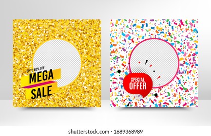 Mega sale and Special offer. Sale banner with gold glitter, confetti. Discount offer badge. Social media layout banner. Online shopping web template. Promotional flyer design. Vector