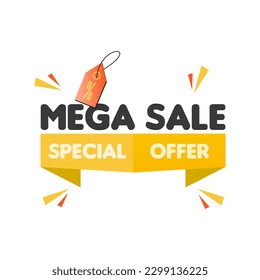 Mega Sale. Special offer. Banner for E-commerce and social media with yellow banner and discount tag. font Insaniburger