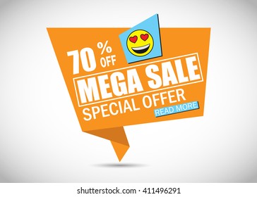 Mega sale special offer banner with emoticon. Vector illustration.