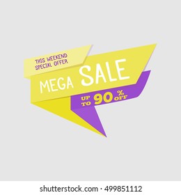 Mega Sale special offer banner, up to 90% off. Vector illustration. Colorful total sale sign.Red label. Icon for special offer. Sale typography background. Sale design. Sticker with sale message