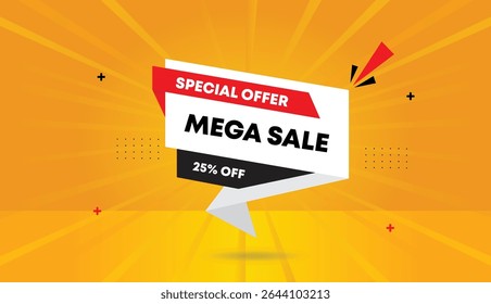 Mega sale special offer editable web banner vector art illustration label icon badge design with 25% off discount modern white red black shapes and yellow orange sunshine background for ads and promo
