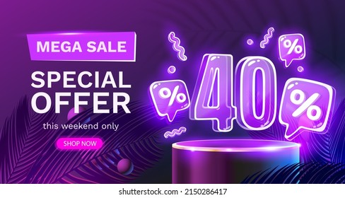 Mega sale special offer, Neon 40 off sale banner. Sign board promotion. Vector illustration svg