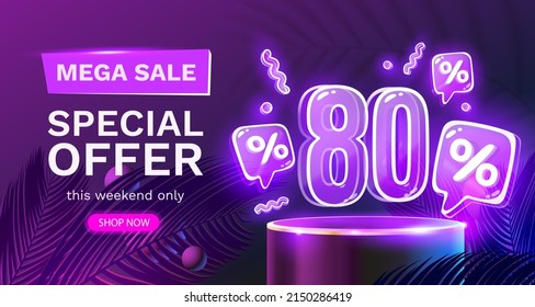 Mega sale special offer, Neon 80 off sale banner. Sign board promotion. Vector illustration