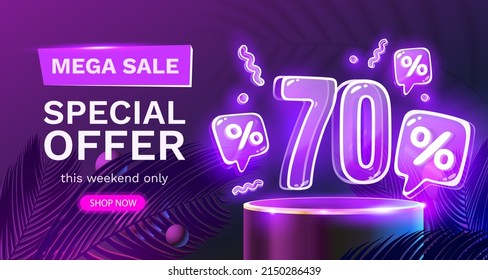 Mega sale special offer, Neon 70 off sale banner. Sign board promotion. Vector illustration