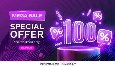 Mega sale special offer, Neon 100 off sale banner. Sign board promotion. Vector illustration