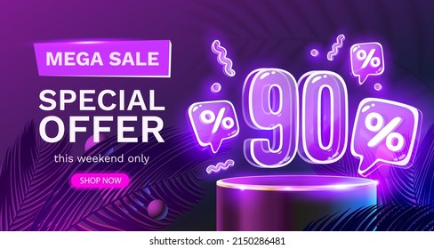 Mega sale special offer, Neon 90 off sale banner. Sign board promotion. Vector illustration