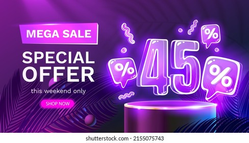 Mega sale special offer, Neon 45 off sale banner. Sign board promotion. Vector illustration