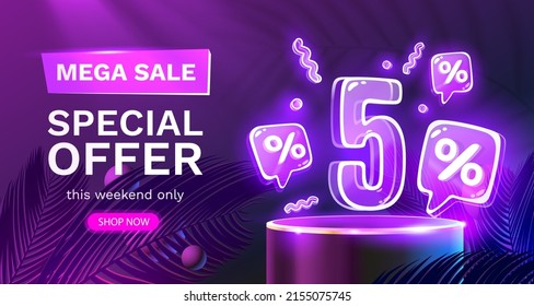 Mega sale special offer, Neon 5 off sale banner. Sign board promotion. Vector illustration