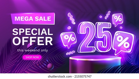 Mega sale special offer, Neon 25 off sale banner. Sign board promotion. Vector illustration