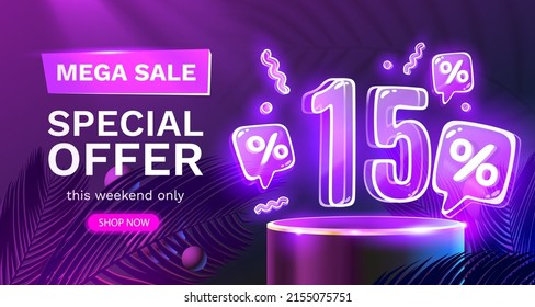 Mega sale special offer, Neon 15 off sale banner. Sign board promotion. Vector illustration