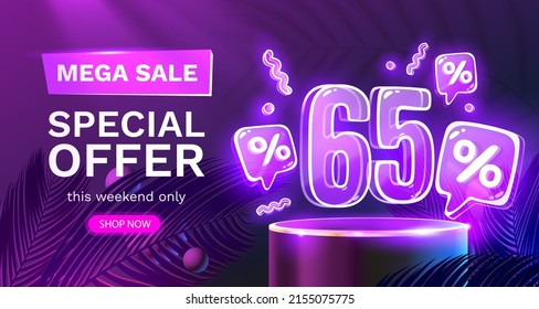 Mega sale special offer, Neon 65 off sale banner. Sign board promotion. Vector illustration