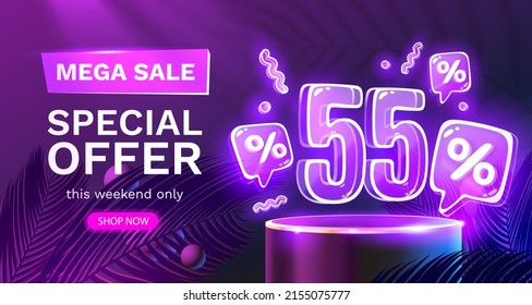 Mega sale special offer, Neon 55 off sale banner. Sign board promotion. Vector illustration