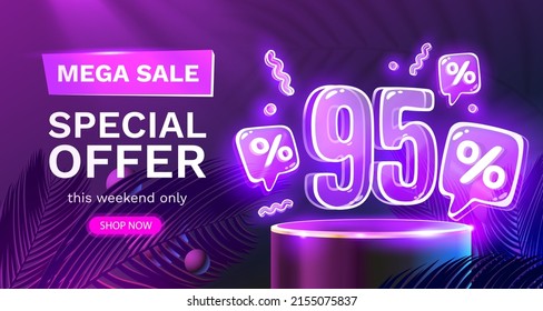 Mega sale special offer, Neon 95 off sale banner. Sign board promotion. Vector illustration