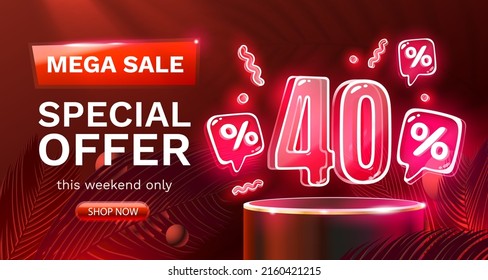 Mega sale special offer, Neon 40 off sale banner. Sign board promotion. Vector illustration