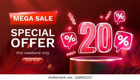 Mega sale special offer, Neon 20 off sale banner. Sign board promotion. Vector illustration