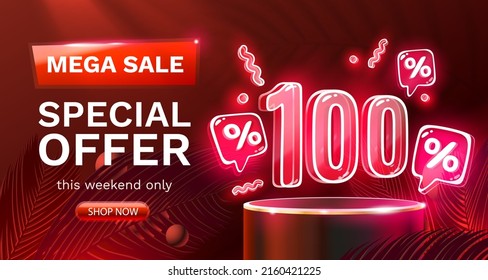 Mega sale special offer, Neon 100 off sale banner. Sign board promotion. Vector illustration - Shutterstock ID 2160421225