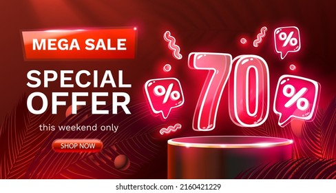 Mega sale special offer, Neon 70 off sale banner. Sign board promotion. Vector illustration