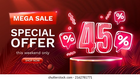 Mega sale special offer, Neon 45 off sale banner. Sign board promotion. Vector illustration