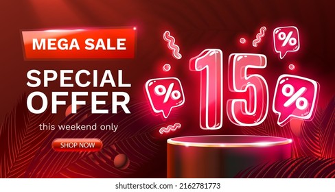 Mega sale special offer, Neon 15 off sale banner. Sign board promotion. Vector illustration