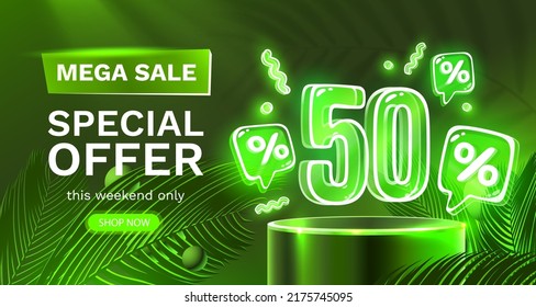 Mega sale special offer, Neon 50 off sale banner. Sign board promotion. Vector illustration