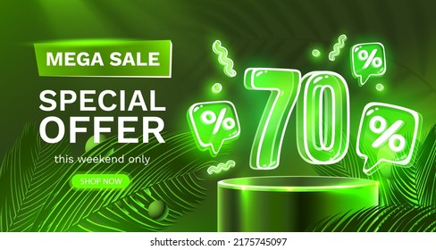 Mega sale special offer, Neon 70 off sale banner. Sign board promotion. Vector illustration