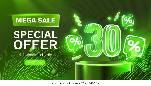 Mega sale special offer, Neon 30 off sale banner. Sign board promotion. Vector illustration