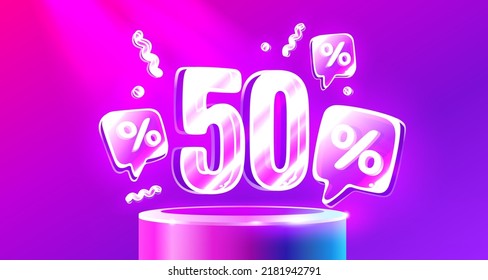 Mega sale special offer, Neon 50 off sale banner. Sign board promotion. Vector illustration