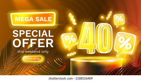 Mega sale special offer, Neon 40 off sale banner. Sign board promotion. Vector illustration