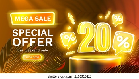 Mega sale special offer, Neon 20 off sale banner. Sign board promotion. Vector illustration