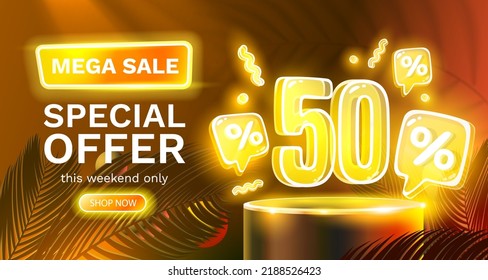 Mega sale special offer, Neon 50 off sale banner. Sign board promotion. Vector illustration