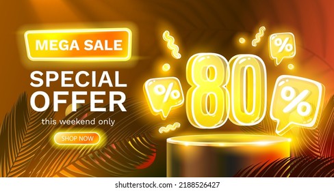 Mega sale special offer, Neon 80 off sale banner. Sign board promotion. Vector illustration