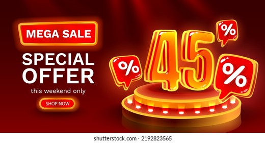 Mega sale special offer, Neon 45
 off sale banner. Sign board promotion. Vector illustration